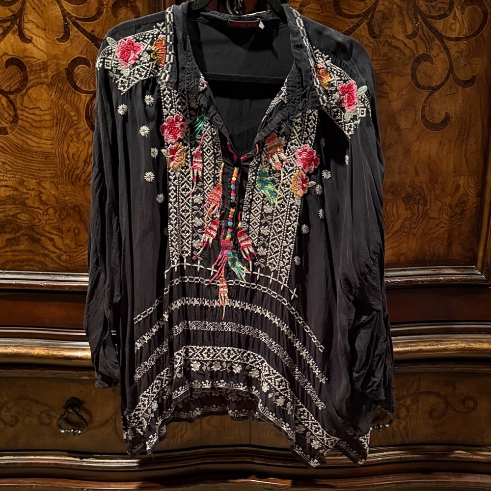 Johnny Was Black Blouse with Pink and Red Embroidery
